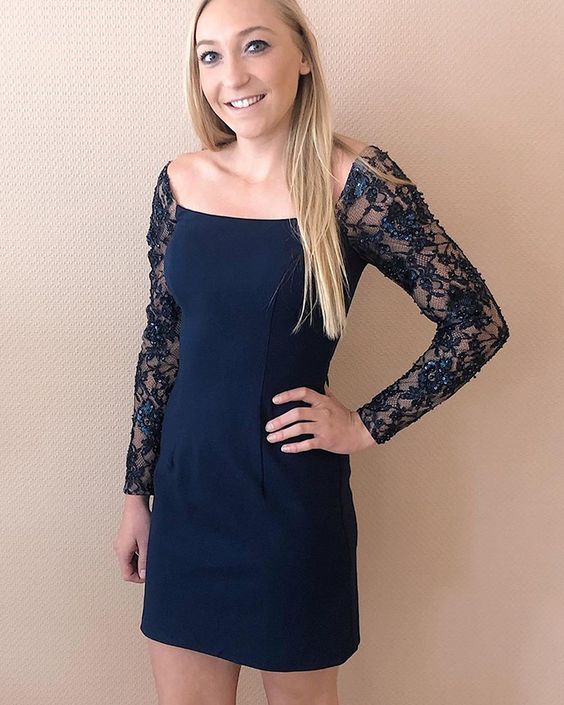 Tight Square Navy Blue Satin Homecoming Dress with Lace Long Sleeves   cg11979