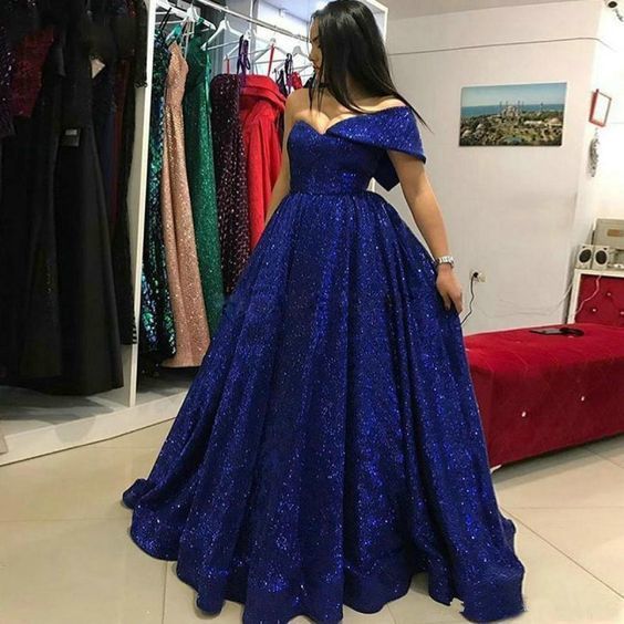 Luxury Dark Royal Blue Evening Gowns Off Shoulder Bling Bling Ball Gown Evening prom Dresses   cg11991