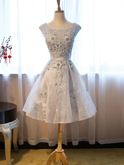 Light Grey Lace Short Homecoming Dress With Applique   cg12003