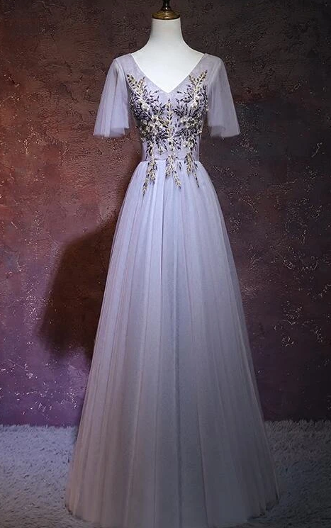 Light Grey Tulle Long V-Neckline Party prom Dress, Tulle Bridesmaid Dress   cg12004
