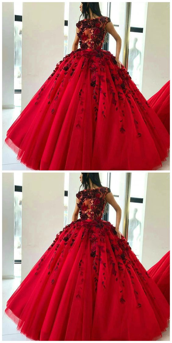 Ball Gown Jewel Sweep Train Red Tulle Prom Dress With Appliques Flowers   cg12015