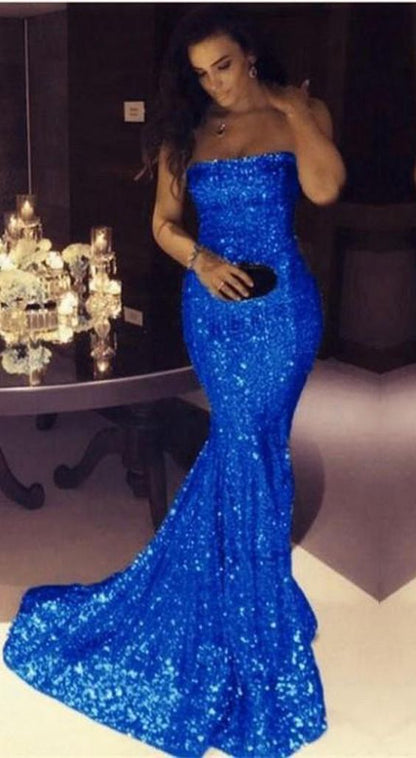 Shiny Royal Blue Sequin Mermaid Strapless Long Prom Dress Formal Evening Dresses    cg12044