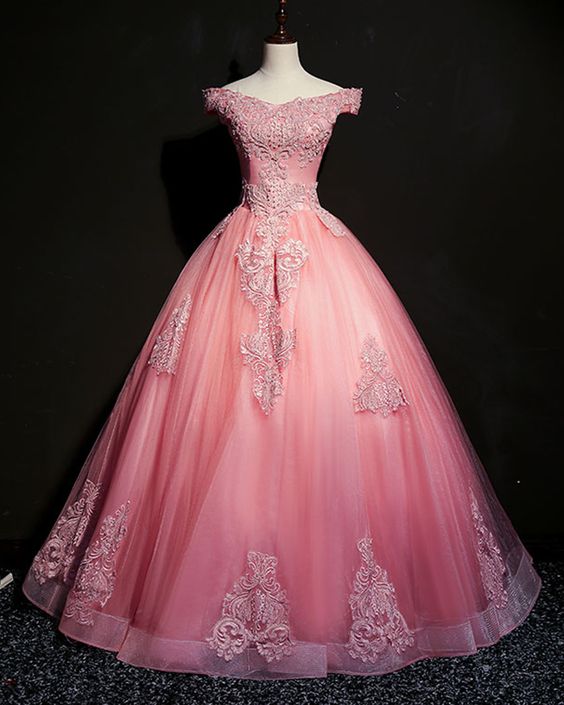 Pink tulle off shoulder v neck long formal dress, prom gown with lace applique   cg12046