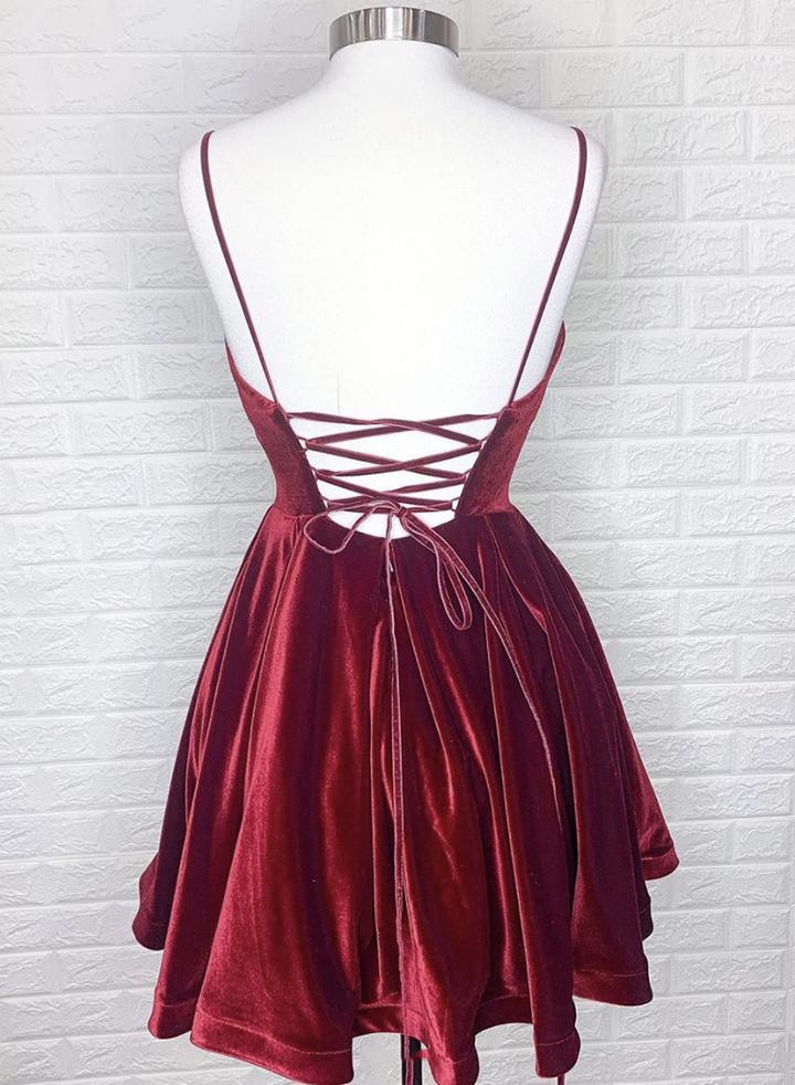 Burgundy velvet short homecoming dress party dress   cg12063