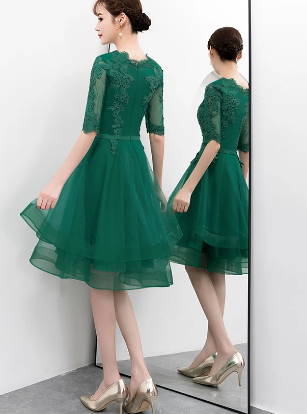 Charming Dark Green Tulle Knee Length Short Sleeves Party Dress Homecoming Dress   cg12151