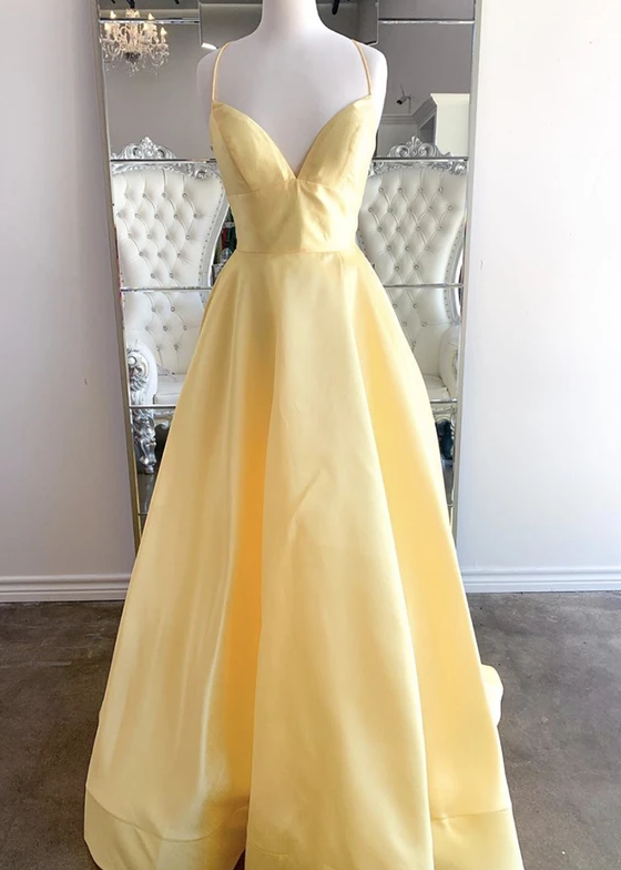 Yellow v neck satin long prom dress evening dress   cg12204