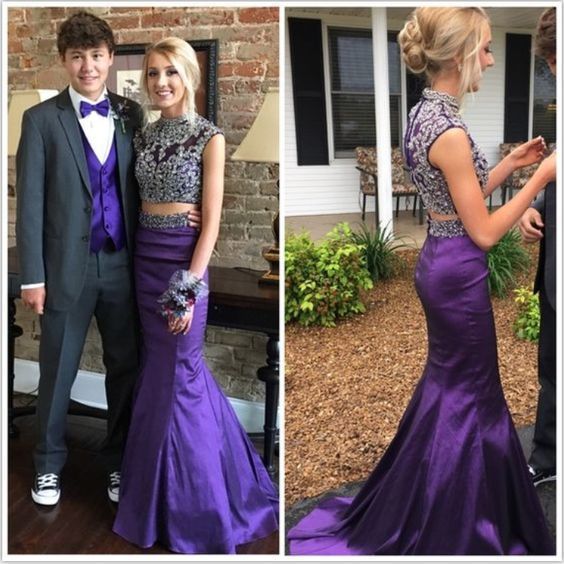 Purple Prom Dresses,Two Pieces Prom Dresses,Evening Dresses,Beaded Prom Dress,Mermaid Prom Dresses   cg12243