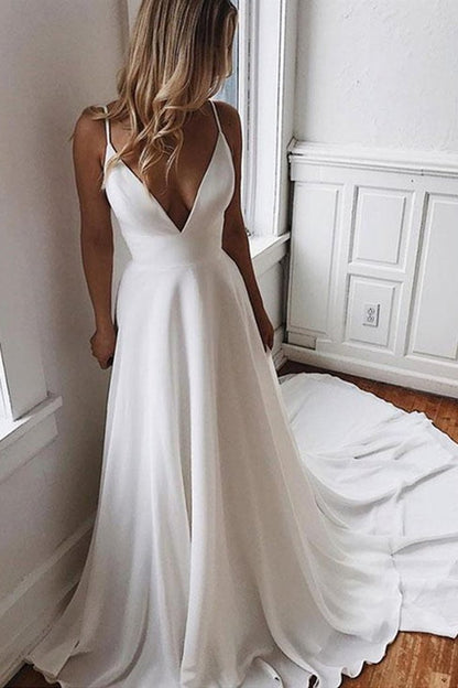 Elegant V Neck White Satin Long Wedding Dress with Lace Back, V Neck White Prom Formal Evening Dress   cg12252