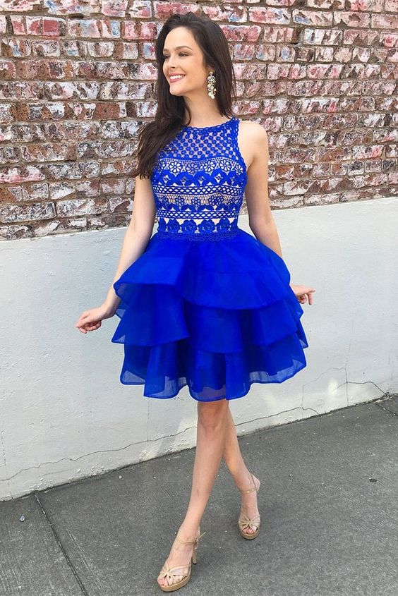 Cute A-line Lace Top Organza Skirt Royal Blue Tiered Short Homecoming Dresses   cg12321