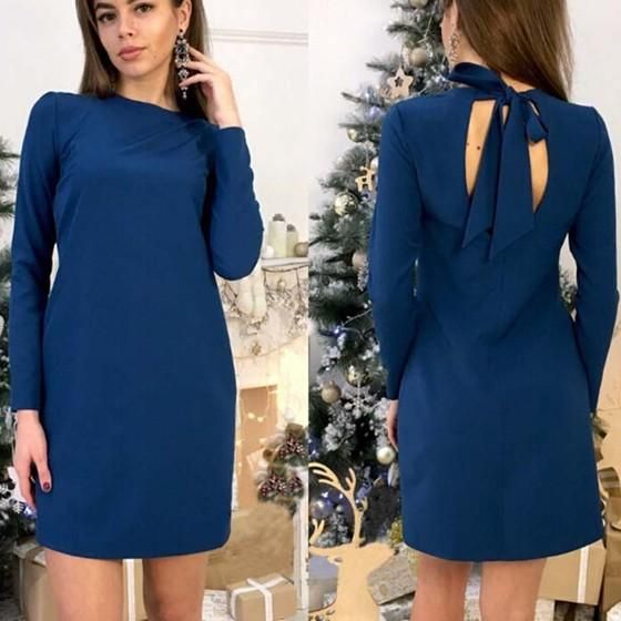 Blue Plain Cut Out Tie Back Round Neck Mini Dress Homecoming Dresses   cg12330