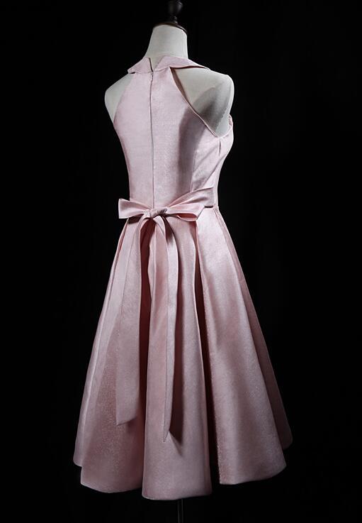 Pink Cute Short Satin Halter Homecoming Dress With Bow   cg12410