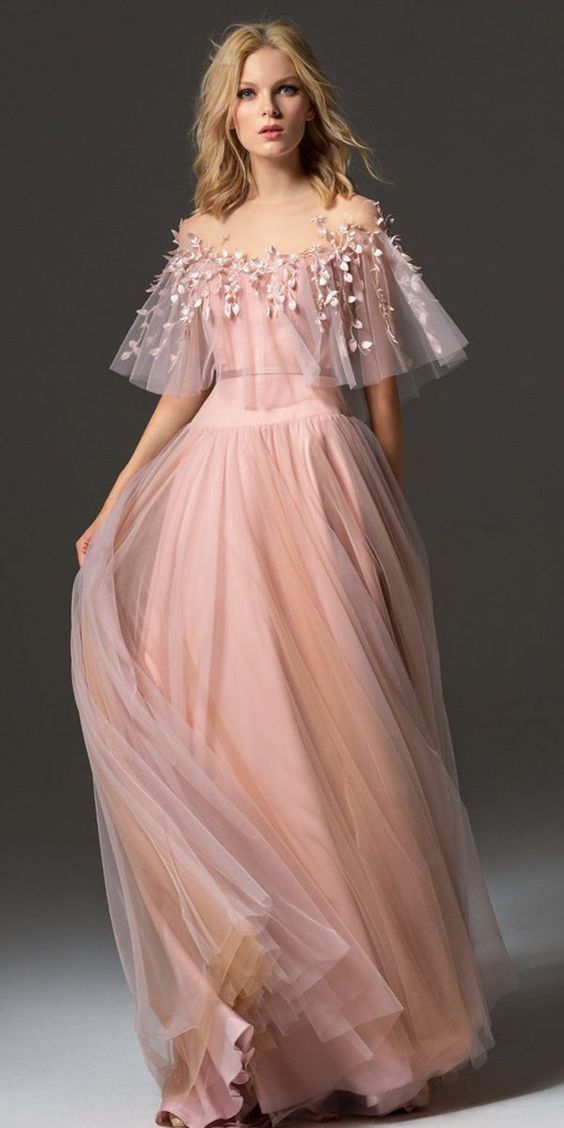 Romantic Tulle Jewel Neckline Bell Sleeves A-line Prom Dress With Handmade Flowers  cg1249