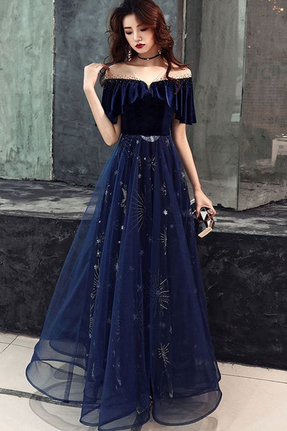 Dark blue tulle lace long prom dress, blue evening dress cg1255