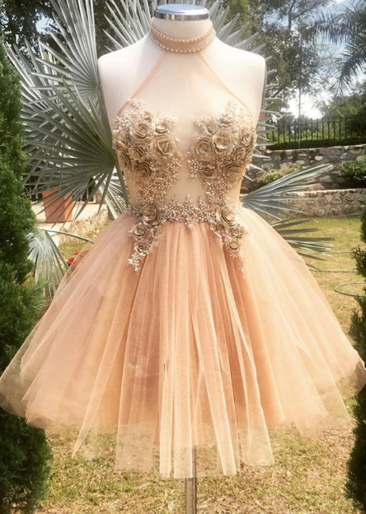 Champagne high neck tulle lace short dress tulle formal dress homecoming dress    cg12654