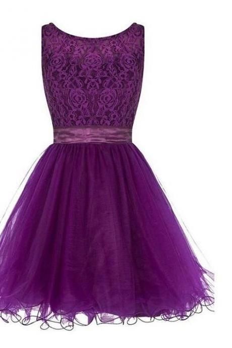 Elegant Purple A Line Lace Short Homecoming Dress   cg12798