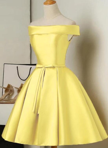 Custom Yellow Satin Off Shoulder Short Party Dress For Letty  Homecoming Dress   cg12873