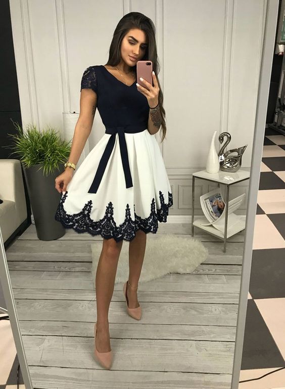 Cute v neck black lace and white short homecoming dress, homecoming dress  cg1294