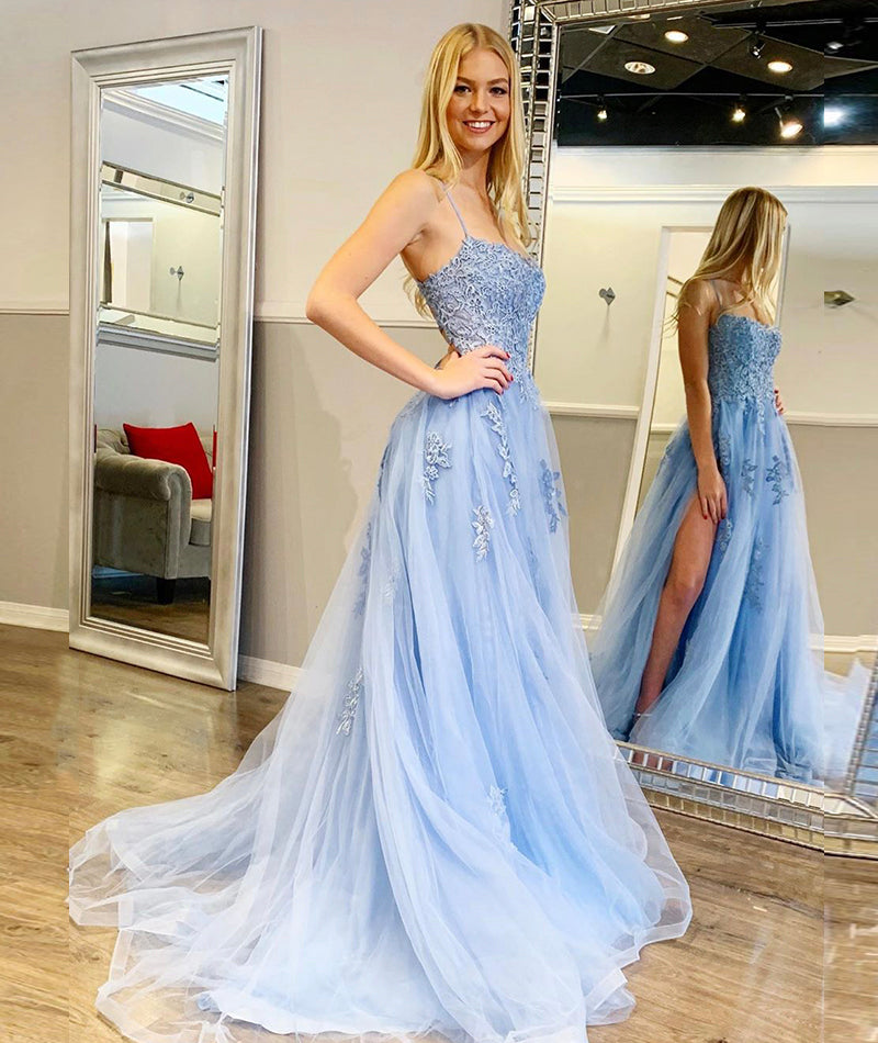 BLUE SPAGHETTI STRAPS LONG TULLE APPLIQUES PROM DRESSES   cg12967