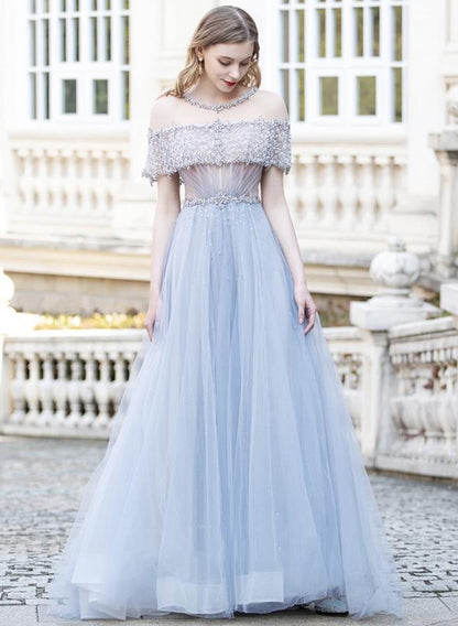 Gray tulle beads long prom dress evening dress   cg13172