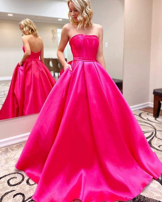 Simple Strapless Satin Prom Dress with Pockets    cg13231