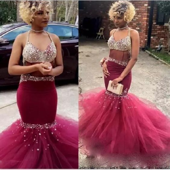 African Burgundy Prom Dresses Crystals See Through Tulle Formal Dress for Wedding Party   cg13385