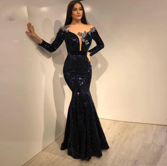 sparkly prom dresses 2021 sheer crew neckline long sleeve lace appliques sequins shinning evening dresses gowns   cg13439