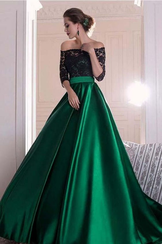 A Line Dark Green Satin Off the Shoulder 3/4 Sleeves Ruffles Lace Prom Dresses  cg1344