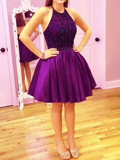 Short Open Back Party Dress,Purple Homecoming Dress,Halter Neckline Purple Cocktail Dress   cg13495