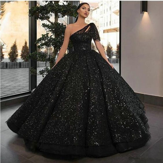 2021 Sparkly Glitter Sequin Prom Dresses One Shoulder Black Ball Gown Beads Evening Gowns   cg13623