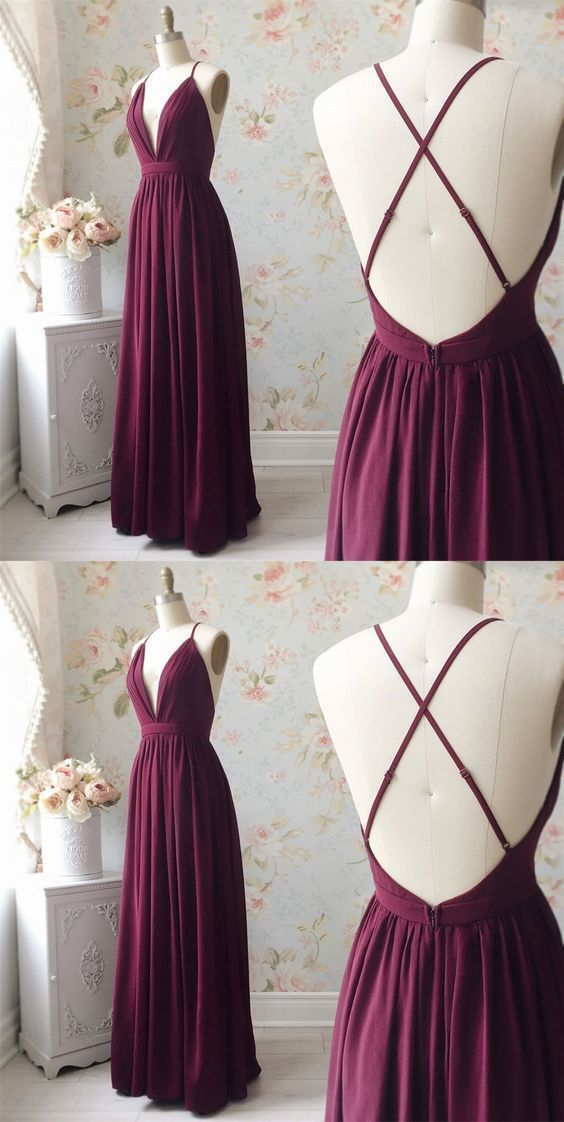 Burgundy Floor Length Open Back A Line Prom Dress, Sexy Evening Party Dress   cg13767