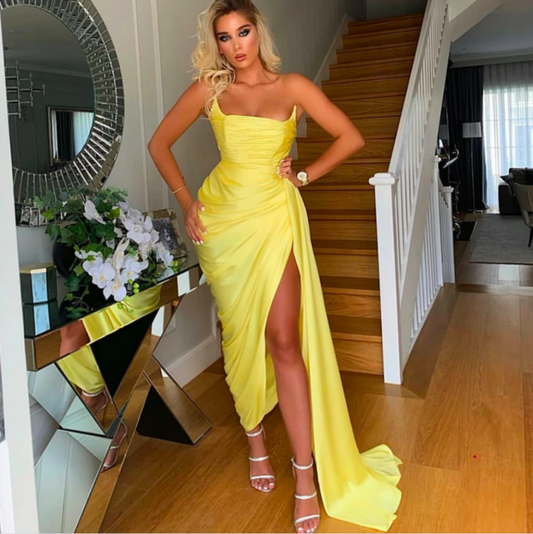 yellow prom dresses 2020 sweetheart neckline side slit sexy chiffon faced satin evening dresses formal dresses  cg13809