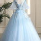 Floor Length Blue Evening Party Dress School V-neck Lace Flowers Lace-up Back Fashionable Long Prom Dress Ball Gown   cg13884