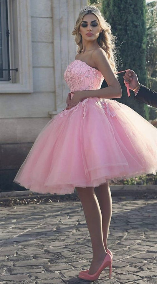 Lace Beaded Sweetheart Pink Tulle Short Homecoming Dresses    cg14051