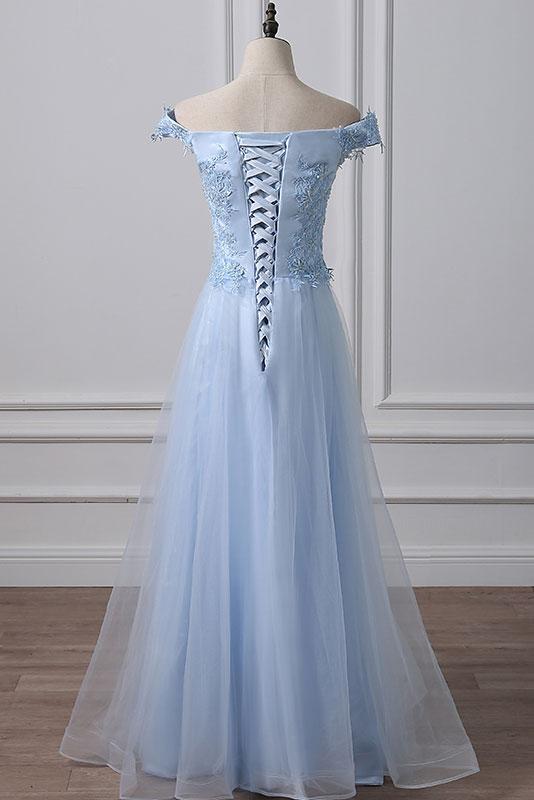 BLUE TULLE LACE OFF SHOULDER LONG PROM DRESS, BLUE EVENING DRESS cg1421