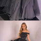 Gray black lace long prom dress. tulle evening dress cg1427