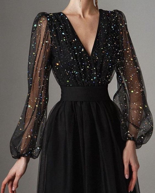 Black V Neck Prom Dress With sleeves    cg14493