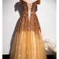 Gorgeous Gold Sequins Long Formal Gown, A-Line Golden Tulle Prom Dress   cg14564