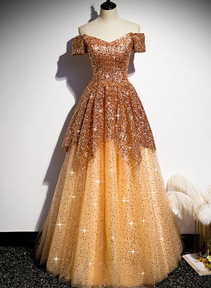 Gorgeous Gold Sequins Long Formal Gown, A-Line Golden Tulle Prom Dress   cg14564