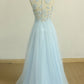 A Line Round Neck Baby Blue Lace Long Prom Dress with Butterfly   cg14595