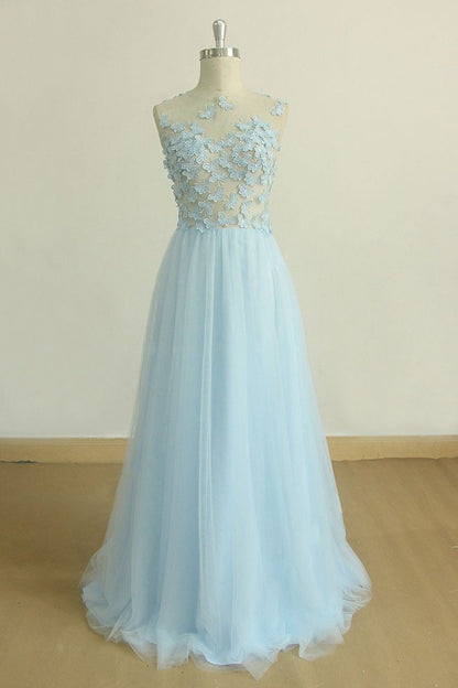 A Line Round Neck Baby Blue Lace Long Prom Dress with Butterfly   cg14595