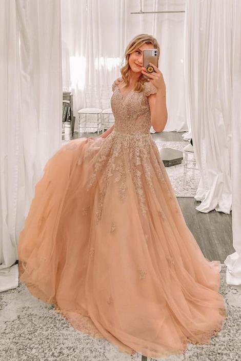 Gorgeous Champagne Long Prom Gown with Cap Sleeves    cg14598
