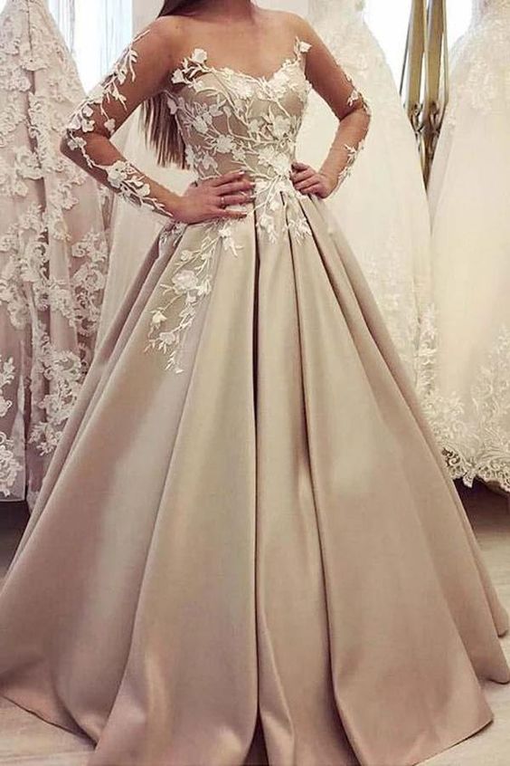 Puffy Sheer Neck Long Sleeves Satin Prom Dress with Lace Appliques   cg14628