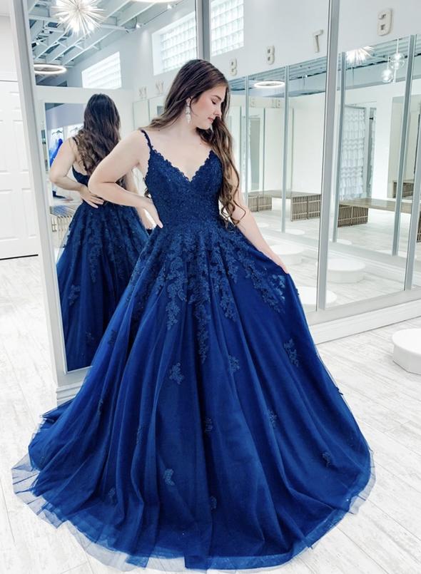 Blue v neck tulle lace long prom dress evening dress   cg14638