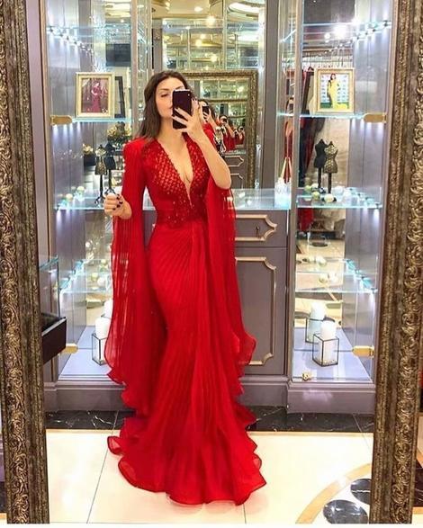 Sexy V neck Red Long Prom Dresses, Mermaid Evening Gowns    cg14649
