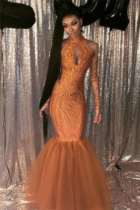 Black Girl Prom Dress Dust Orange Mermaid Cheap Prom Dress with Sleeves | Halter Sexy Keyhole Sparkly Appliques Evening Gowns   cg14653