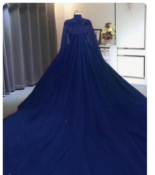 Elegant Lace embroidery tulle beaded quinceanera dresses navy blue ball gown prom dress with cape   cg14666