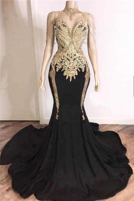 Black Girl Prom Dresses Gold Crystals Appliques Black Prom Dresses Cheap | Sleeveless Mermaid Sexy Evening Gowns    cg14670