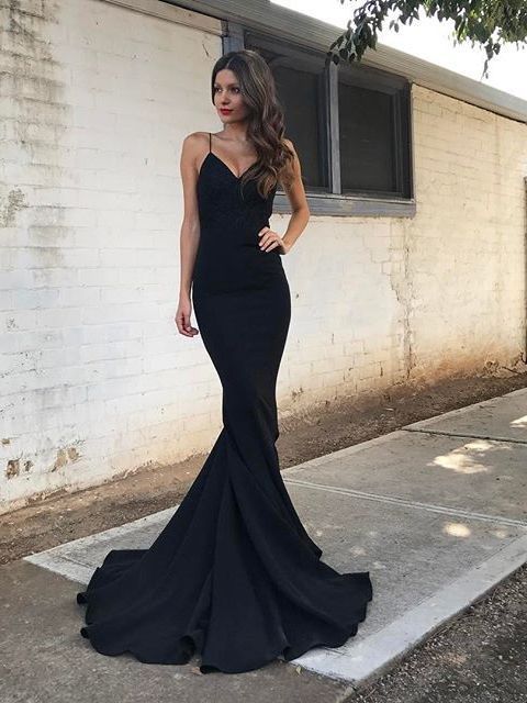 Elegant Straps Black Mermaid Long Evening prom Dress with Train   cg14676