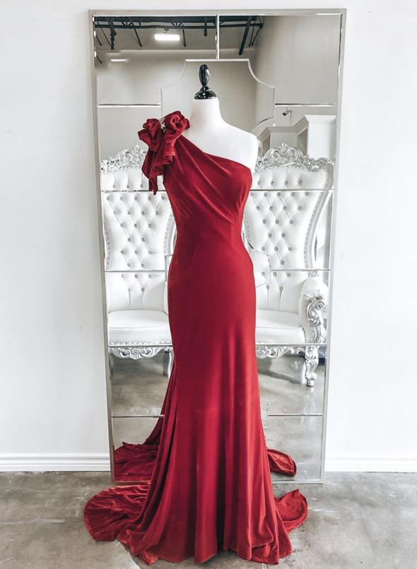 Red velvet long prom dress one shoulder evening dress   cg14689