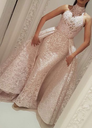 High Neck Sleeveless Lace Stunning Evening Dress | Illusion Puffy Overskirt Column Popular Prom Dress   cg14692